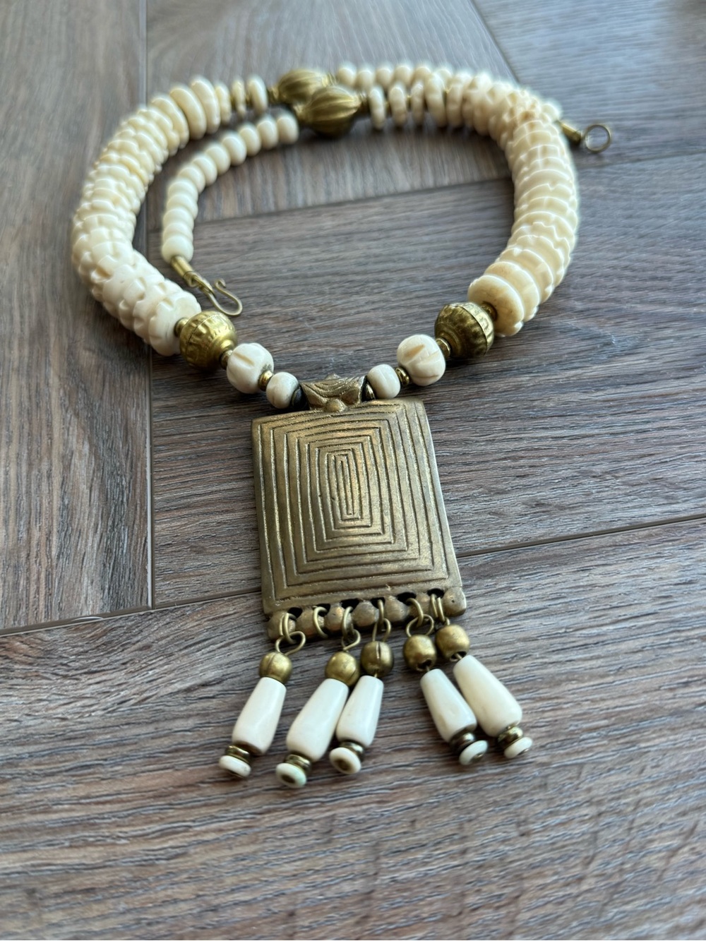 Vintage Bone Beaded Pendant Necklace from Nepal